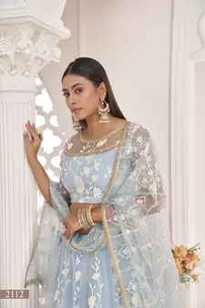 Light-blue embroidered net semi stitched lehenga