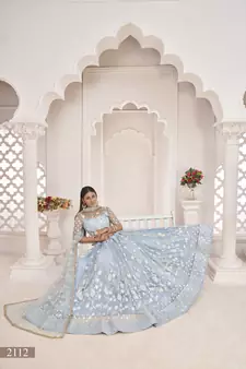 Light-blue embroidered net semi stitched lehenga