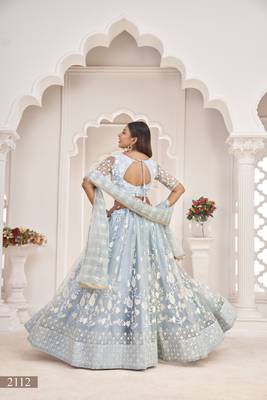 Light-blue embroidered net semi stitched lehenga 4
