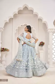 Light-blue embroidered net semi stitched lehenga