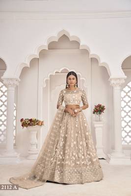 Light-brown embroidered net semi stitched lehenga 1