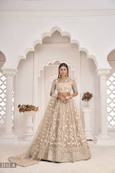 Light-brown embroidered net semi stitched lehenga