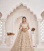 Light-brown embroidered net semi stitched lehenga