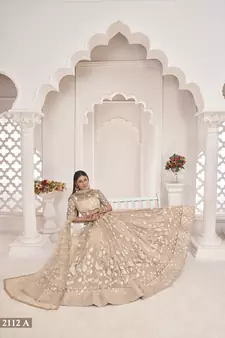 Light-brown embroidered net semi stitched lehenga