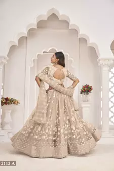 Light-brown embroidered net semi stitched lehenga