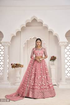 Light-pink embroidered net semi stitched lehenga