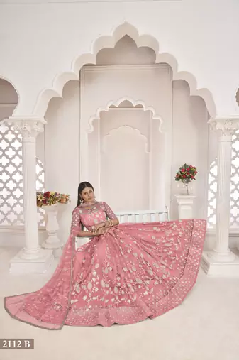 Light-pink embroidered net semi stitched lehenga