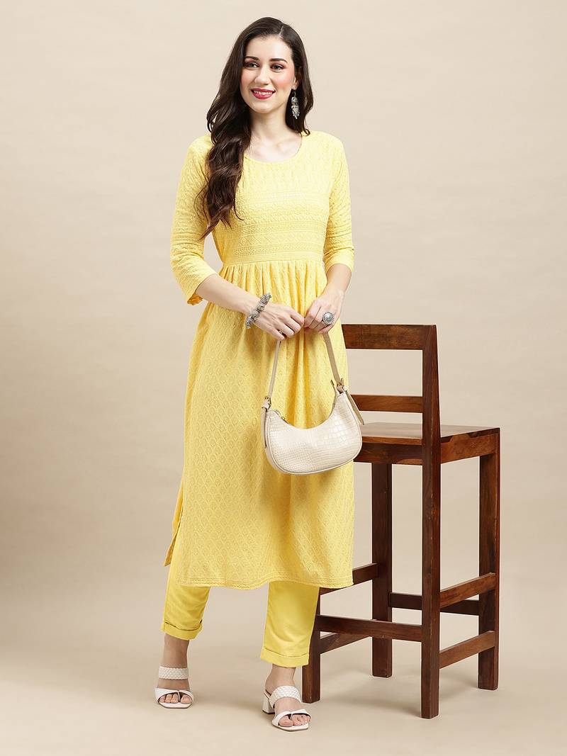 Yellow Rayon Sequence Embroidered Nayra Cut Kurta