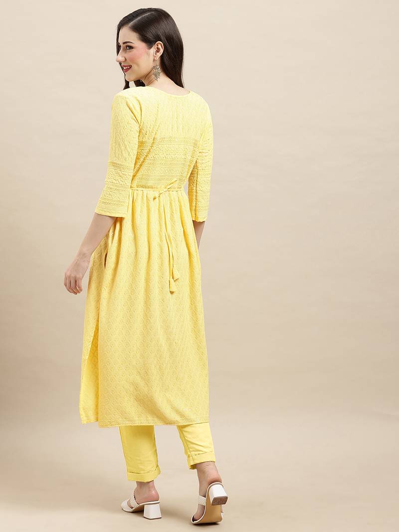 Yellow Rayon Sequence Embroidered Nayra Cut Kurta