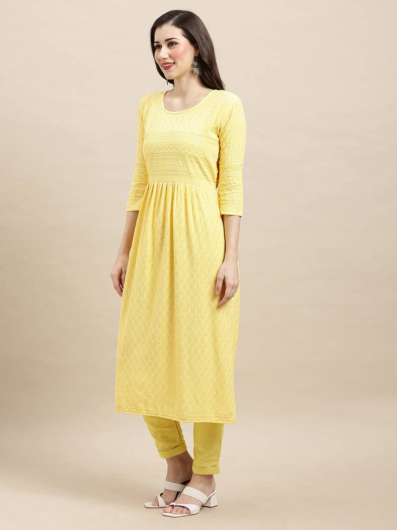 Yellow Rayon Sequence Embroidered Nayra Cut Kurta