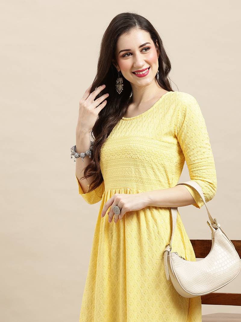 Yellow Rayon Sequence Embroidered Nayra Cut Kurta