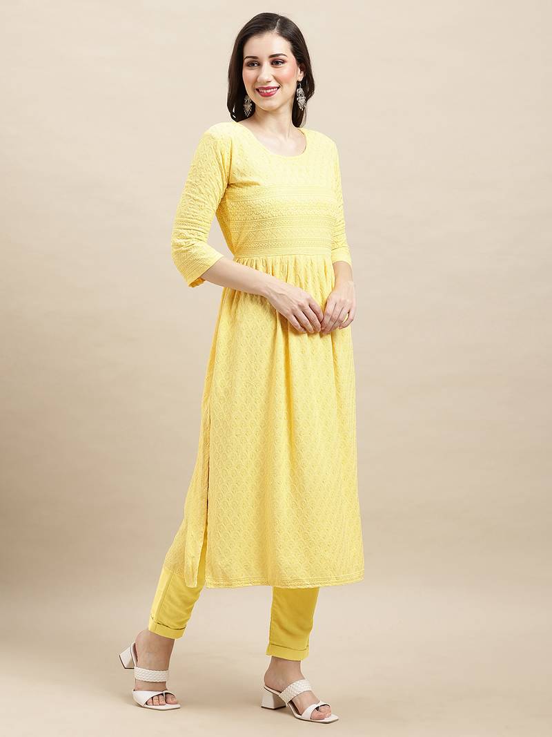 Yellow Rayon Sequence Embroidered Nayra Cut Kurta