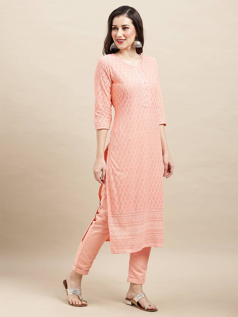 Peach Rayon Sequence Embroidered Straight Kurta