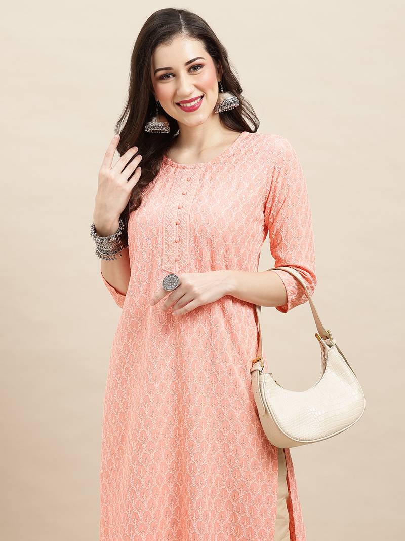 Peach Rayon Sequence Embroidered Straight Kurta