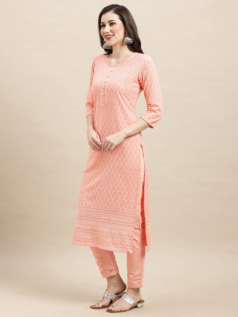Peach Rayon Sequence Embroidered Straight Kurta