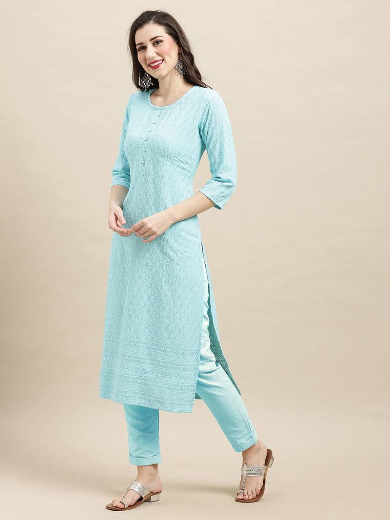 Sky Blue Rayon Sequence Embroidered Straight Kurta