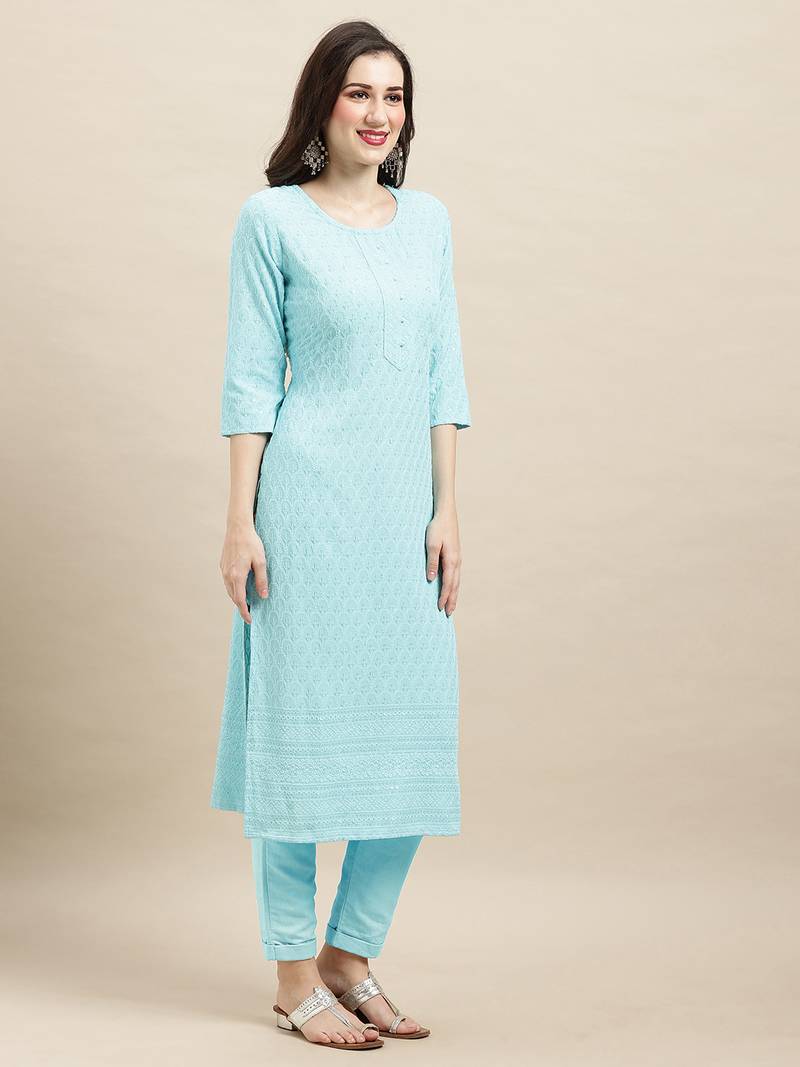 Sky Blue Rayon Sequence Embroidered Straight Kurta