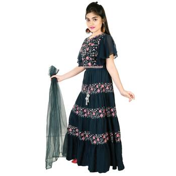 Blue embroidered faux georgette kids-skirts (3021_Parent) 2