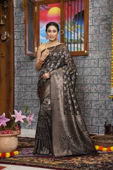 KORAMS DESIGN KANJIVARAM SILK ZARI WOVEN BLACK FLORAL DESIGN CASUAL WEAR WOMEN SILK SAREE WITH BLOUSE 