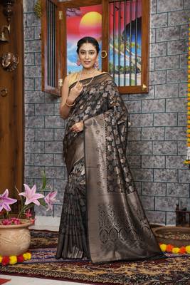 KORAMS DESIGN KANJIVARAM SILK ZARI WOVEN BLACK FLORAL DESIGN CASUAL WEAR WOMEN SILK SAREE WITH BLOUSE  1