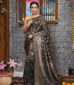 KORAMS DESIGN KANJIVARAM SILK ZARI WOVEN BLACK FLORAL DESIGN CASUAL WEAR WOMEN SILK SAREE WITH BLOUSE 