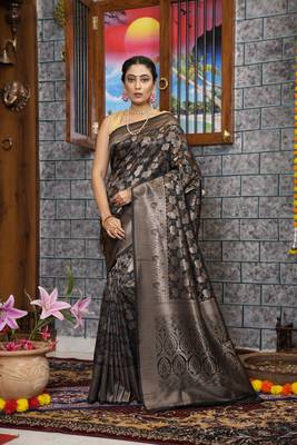 KORAMS DESIGN KANJIVARAM SILK ZARI WOVEN BLACK FLORAL DESIGN CASUAL WEAR WOMEN SILK SAREE WITH BLOUSE  4