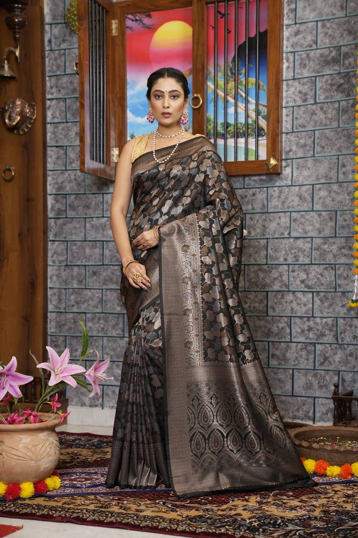 KORAMS DESIGN KANJIVARAM SILK ZARI WOVEN BLACK FLORAL DESIGN CASUAL WEAR WOMEN SILK SAREE WITH BLOUSE 