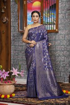 KORAMS DESIGN KANJIVARAM SILK ZARI WOVEN BLUE FLORAL DESIGN CASUAL WEAR SILK SAREE WITH BLOUSE