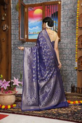 KORAMS DESIGN KANJIVARAM SILK ZARI WOVEN BLUE FLORAL DESIGN CASUAL WEAR SILK SAREE WITH BLOUSE 2