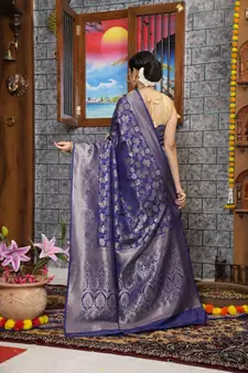 KORAMS DESIGN KANJIVARAM SILK ZARI WOVEN BLUE FLORAL DESIGN CASUAL WEAR SILK SAREE WITH BLOUSE