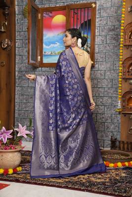 KORAMS DESIGN KANJIVARAM SILK ZARI WOVEN BLUE FLORAL DESIGN CASUAL WEAR SILK SAREE WITH BLOUSE 3