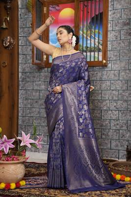 KORAMS DESIGN KANJIVARAM SILK ZARI WOVEN BLUE FLORAL DESIGN CASUAL WEAR SILK SAREE WITH BLOUSE 5