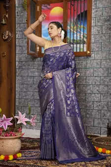 KORAMS DESIGN KANJIVARAM SILK ZARI WOVEN BLUE FLORAL DESIGN CASUAL WEAR SILK SAREE WITH BLOUSE