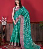 Teal Katan Silk Pink Weaving Contemporary Saree