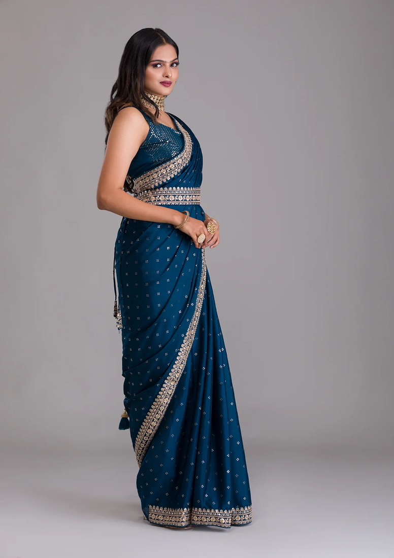 Bandhani Print Chinon Saree with Heavy Zari Embroidery Sequins Work Lace and Blouse With Waist Belt