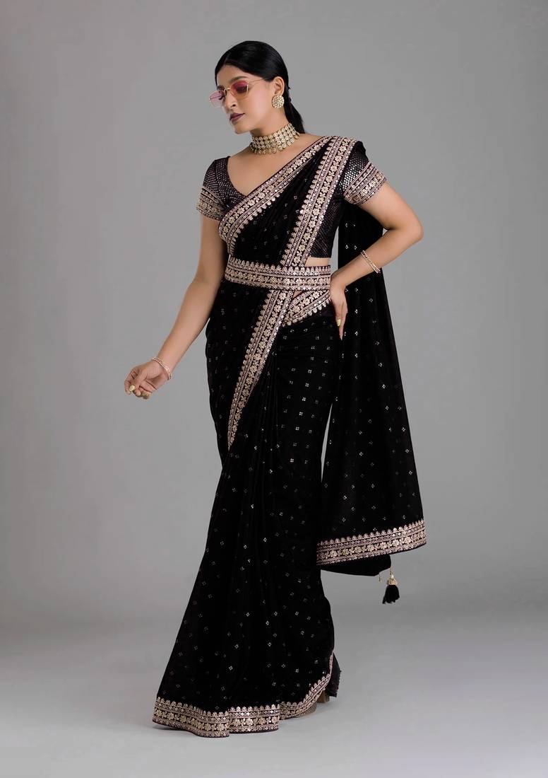 Bandhani Print Chinon Saree with Heavy Zari Embroidery Sequins Work Lace and Blouse With Waist Belt