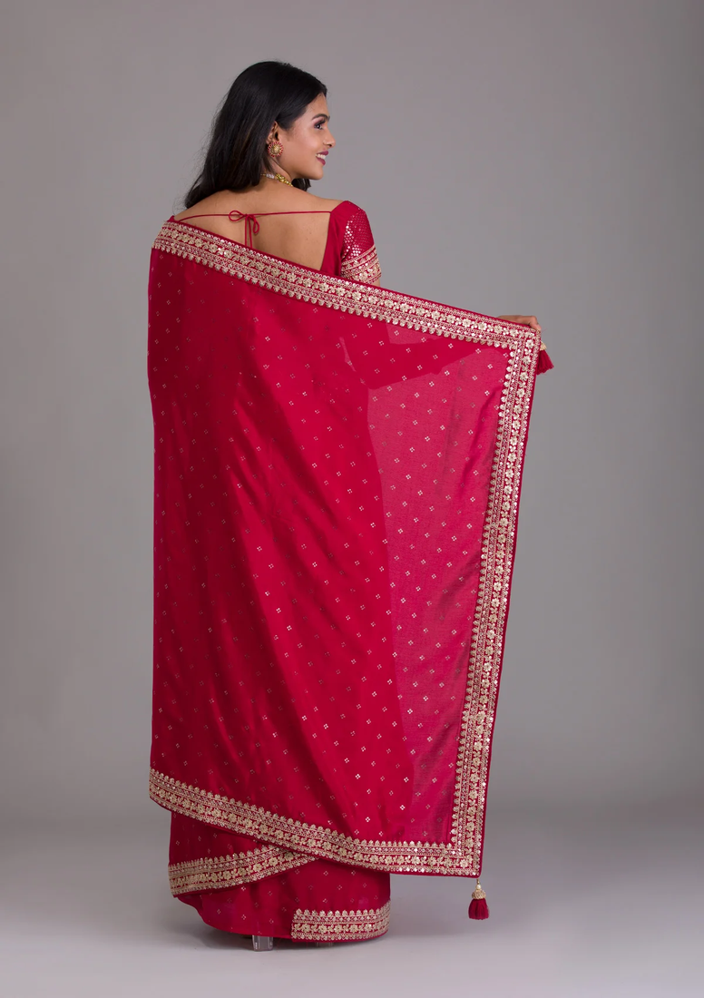 Bandhani Print Chinon Saree with Heavy Zari Embroidery Sequins Work Lace and Blouse With Waist Belt