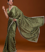 Bandhani Print Satin Fabric Saree with Embroidery Sequins Work Lace and Blouse With Waist Belt
