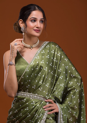 Bandhani Print Satin Fabric Saree with Embroidery Sequins Work Lace and Blouse With Waist Belt 2