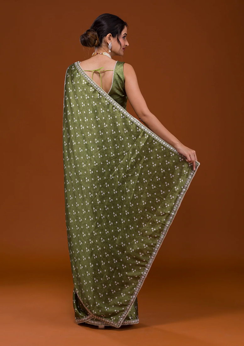 Bandhani Print Satin Fabric Saree with Embroidery Sequins Work Lace and Blouse With Waist Belt