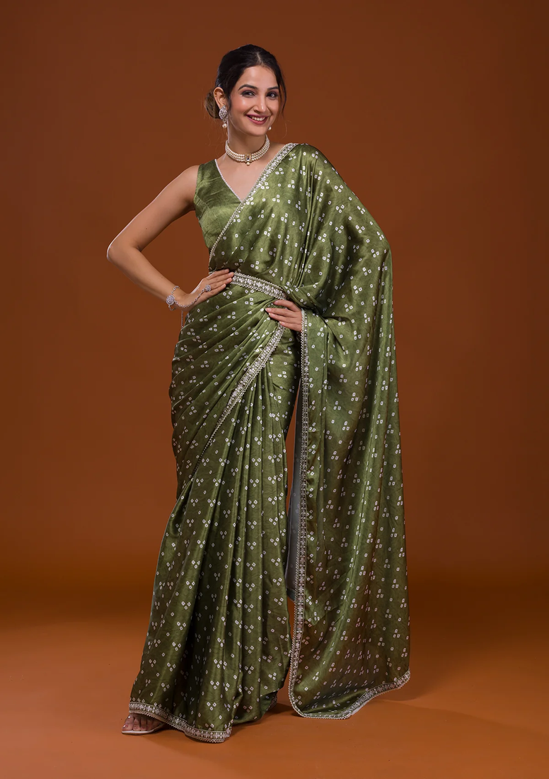 Bandhani Print Satin Fabric Saree with Embroidery Sequins Work Lace and Blouse With Waist Belt
