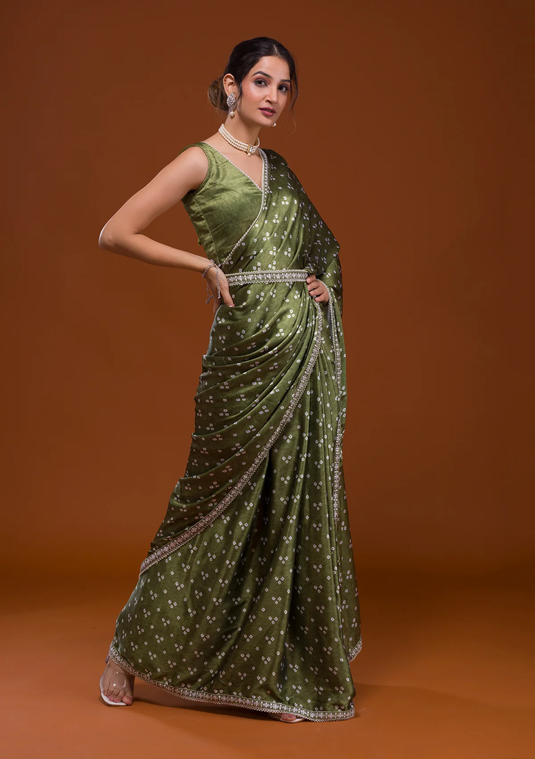 Bandhani Print Satin Fabric Saree with Embroidery Sequins Work Lace and Blouse With Waist Belt