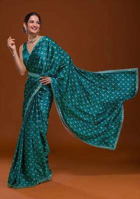 Bandhani Print Satin Fabric Saree with Embroidery Sequins Work Lace and Blouse With Waist Belt 1