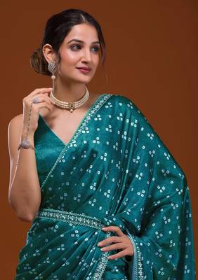 Bandhani Print Satin Fabric Saree with Embroidery Sequins Work Lace and Blouse With Waist Belt 3