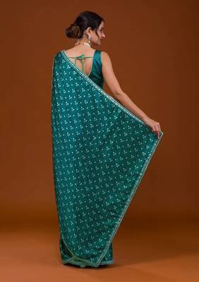 Bandhani Print Satin Fabric Saree with Embroidery Sequins Work Lace and Blouse With Waist Belt 4