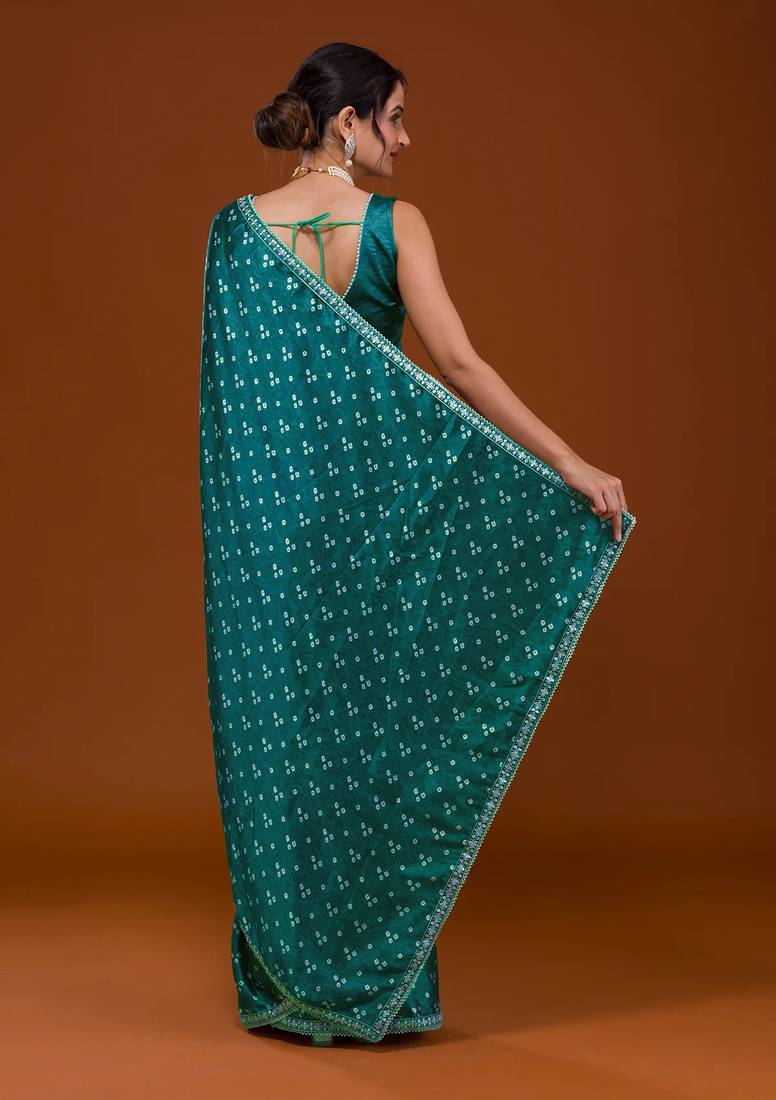 Bandhani Print Satin Fabric Saree with Embroidery Sequins Work Lace and Blouse With Waist Belt