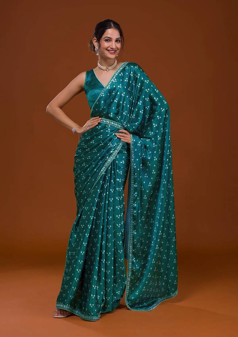Bandhani Print Satin Fabric Saree with Embroidery Sequins Work Lace and Blouse With Waist Belt
