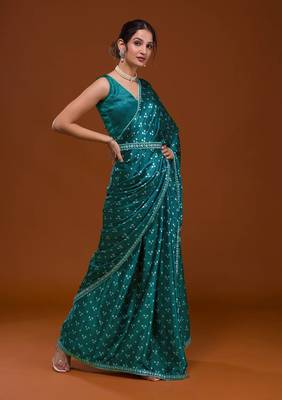 Bandhani Print Satin Fabric Saree with Embroidery Sequins Work Lace and Blouse With Waist Belt 6
