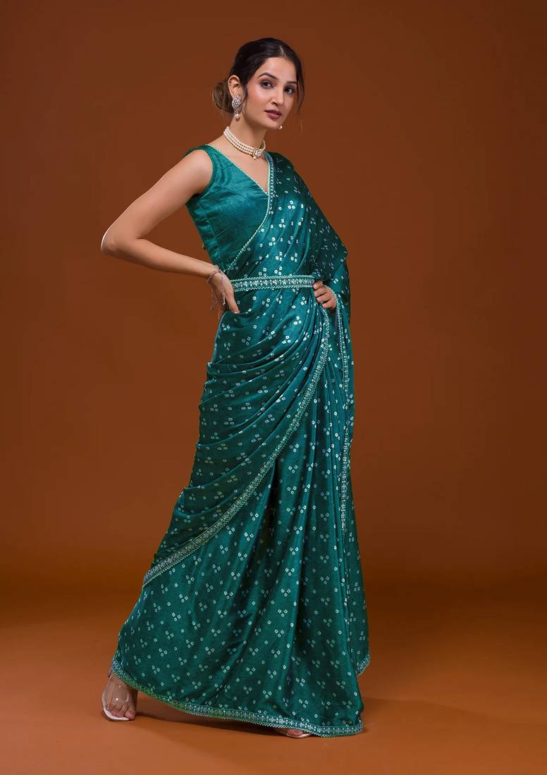 Bandhani Print Satin Fabric Saree with Embroidery Sequins Work Lace and Blouse With Waist Belt