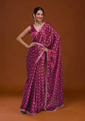 Bandhani Print Satin Fabric Saree with Embroidery Sequins Work Lace and Blouse With Waist Belt 4